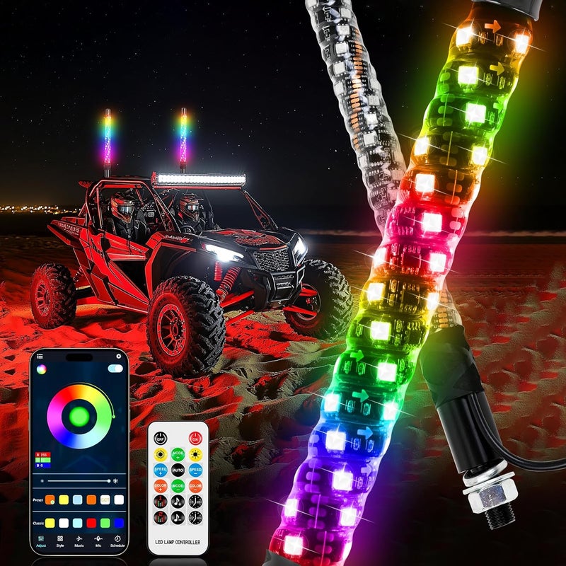 DREAMIZER 2PCS 1FT أضواء خفاقة RGB، ضوء خفاقة LED مع تطبيق وجهاز تحكم عن بعد، هوائيات مضاءة متسارعة للجانب بجانب أضواء الموسيقى ل ATV UTV RZR Can-Am Polaris Dune Buggy SXS شاحنة - Image 1